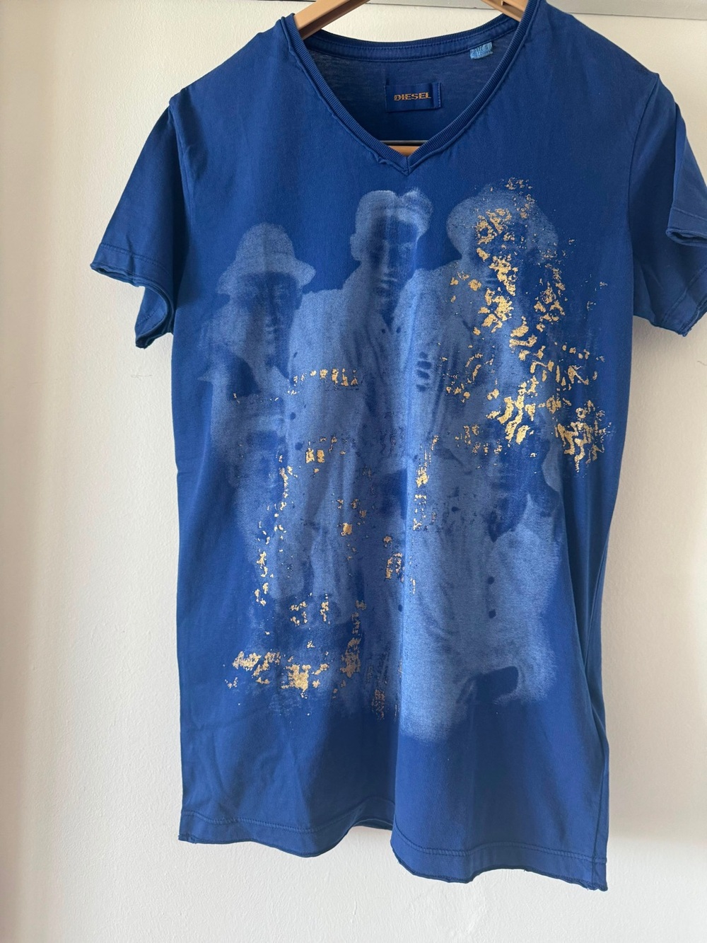 Diesel Blue V-Neck Graphic Tee with Gold Accents